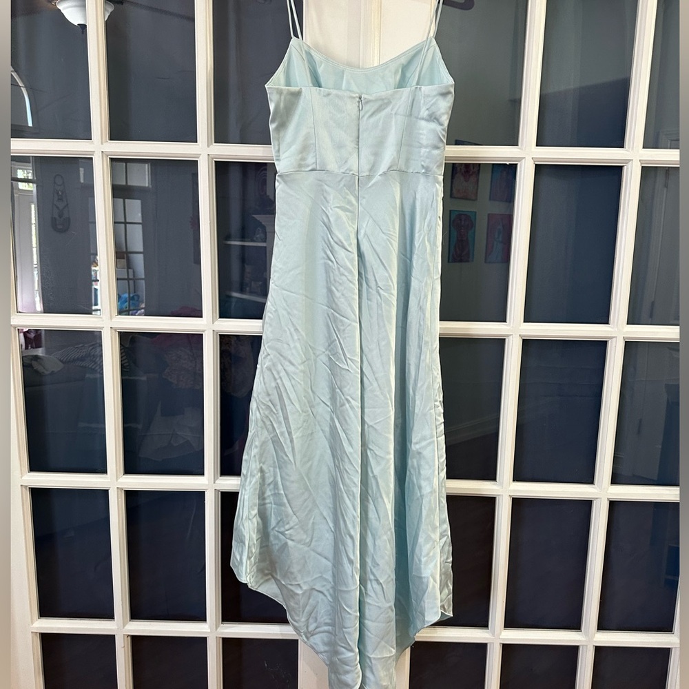 XSCAPE Handkerchief Hem Satin Spaghetti Strap Dress Gown Ice Blue Size 2 - Picture 8 of 12